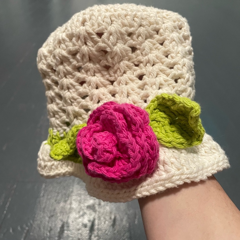 Cream and Pink Crochet Hat with Flower